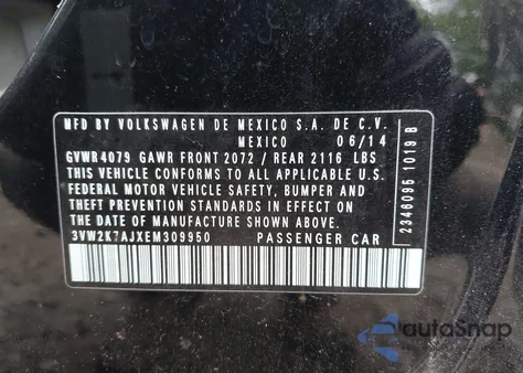 2014 Volkswagen Jetta 2.0L S из США, поврежденный, VIN 3VW2K7AJXEM309950